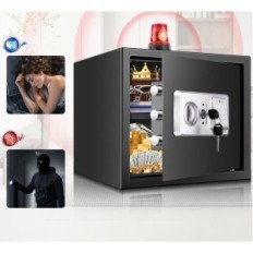 Beschädigtes Feuer und wasserdichtes Safe mit einem Regal und einem Alarm für A4-Dokumente