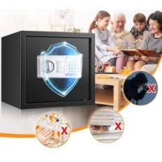 Beschädigtes Feuer und wasserdichtes Safe mit einem Regal und einem Alarm für A4-Dokumente