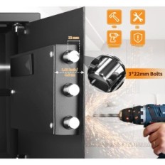 Beschädigtes Feuer und wasserdichtes Safe mit einem Regal und einem Alarm für A4-Dokumente