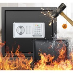 Beschädigtes Feuer und wasserdichtes Safe mit einem Regal und einem Alarm für A4-Dokumente