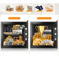 Fogo danificado e cofre impermeável com uma prateleira e alarme para documentos A4