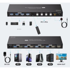 KVM 4XPC 1XMONITOR VPFET 4K60HZ HDMI2.0 4KSUSB 3.0 DC12V Strømforsyning