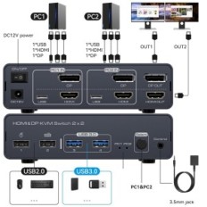 Commutateur KVM Vedindust HDMI + DisplayPort 2XPC 2xMonitoyen 4K120Hz 8K60Hz USB3.0