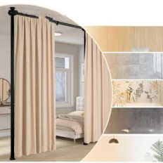 Scherm met frame en staaf verstelbaar zonder boren 280x317cm zwart voor de woonkamer en slaapkamer