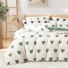 Flannel sängkläder 135x200 4-bitars covebett vit med gröna hjärtan