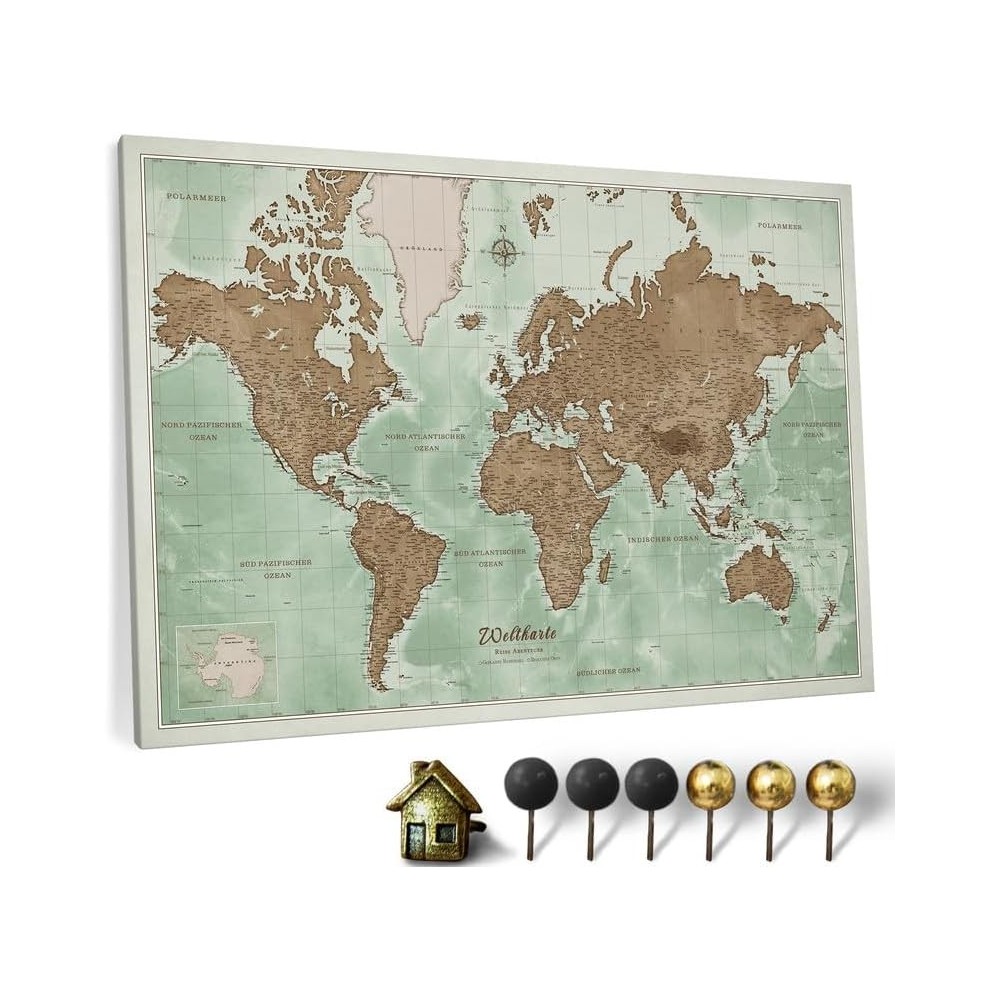 World Map Canvascale på lærred med en tysk kork dekoration 70x50cm mønster 18