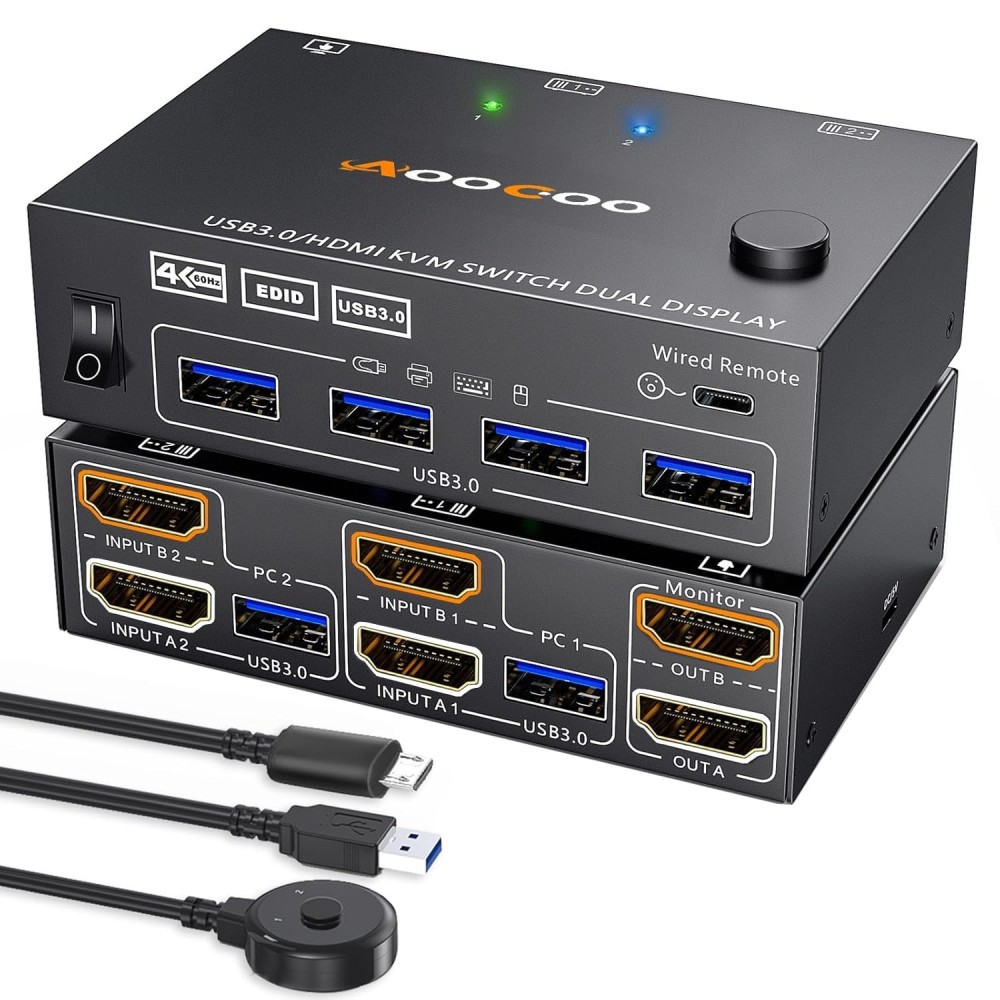 KVM Switch 2 PC 2 HDMI-skärmar 4K @ 60Hz 2K @ 120Hz från EDID och USB 3.0