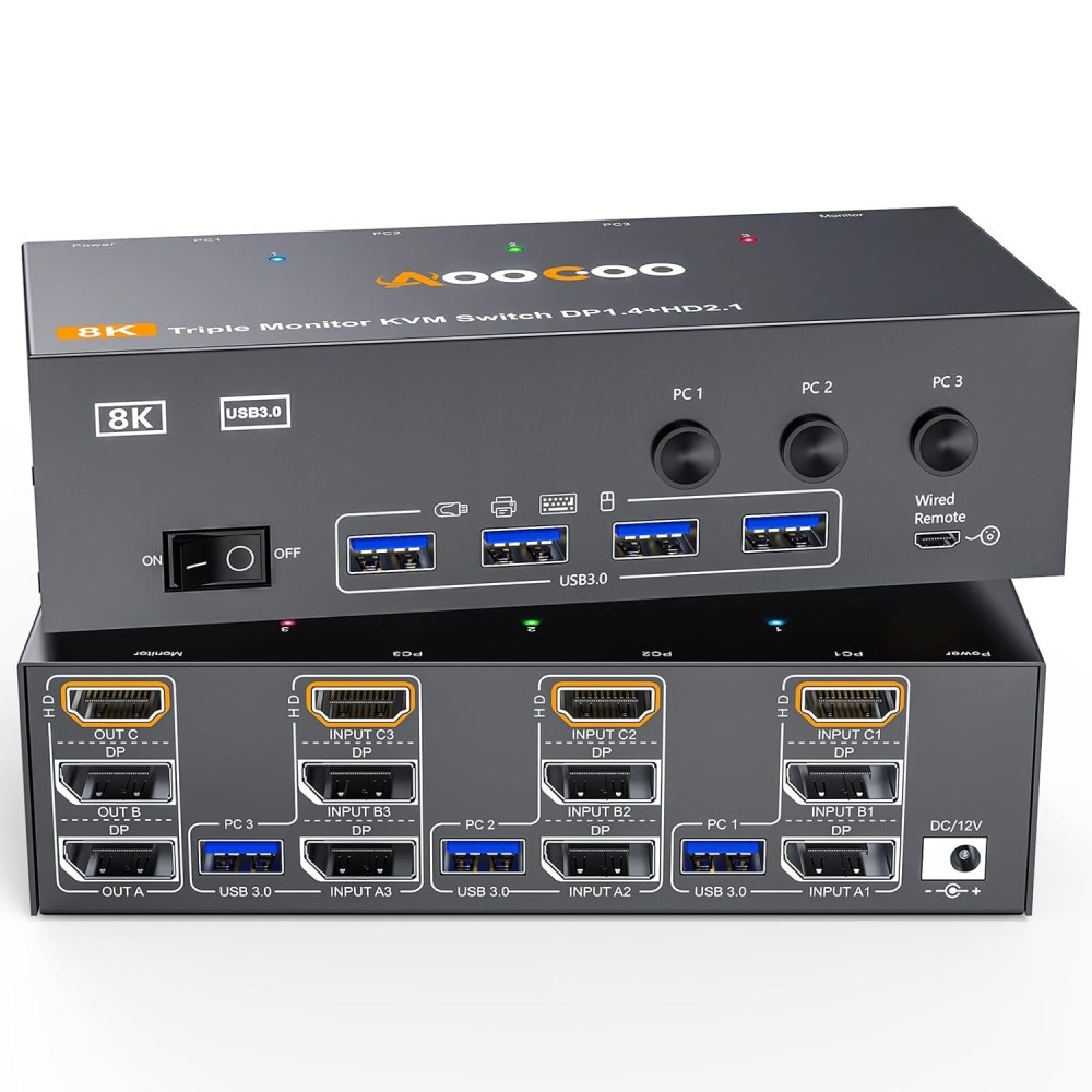 KVM 3 PC SWITCH 3 AOOCOO KVM303DH Monitorit DP + HDMI 8k60hz USB 3.0 (ilman alkuperäistä pakkausta)