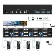 Rabljeni / e KVM stikalo 3 monitors 4 računalnike, 2xdp 1.4 + HDMI 8K @ 60Hz, USB 3.0