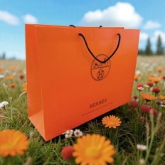 Hermes 42x14x30 cm zak oranje met dikke papieren zwarte handvatten
