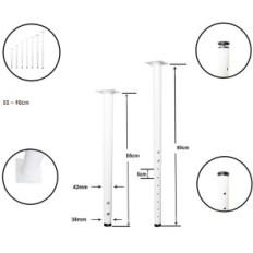 Taulukon jalat Säädettävä 55-90 cm metalli 4 kpl. Jahof White