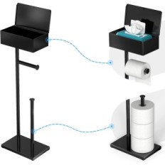 Support pour le papier toilette Noir avec une étagère autoportante. Accessoires de salle de bain Exposition
