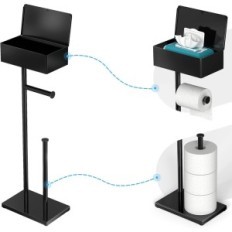 Seistä wc-paperille cisily musta, jossa on vapaata hyllyä. Kylpyhuone tarvikkeet näyttely