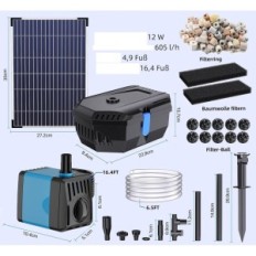 UŻYWANE Filtr słoneczny do stawu Biling 12W z pompą 605 L/H fontanna solarna 4 dysze 5m kabel