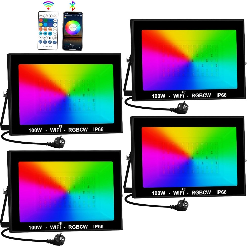 LED kültéri fények 4 db RGB T- SUNUS 100 W Bluetooth IP66 WiFi kert és események