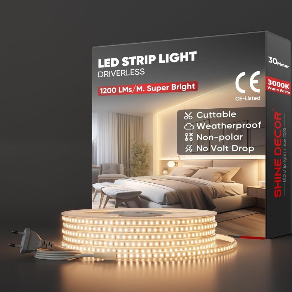 LED Tape 30m Vanntett IP65 Shine Decor SMD 2835 120 LED / M Varm hvit