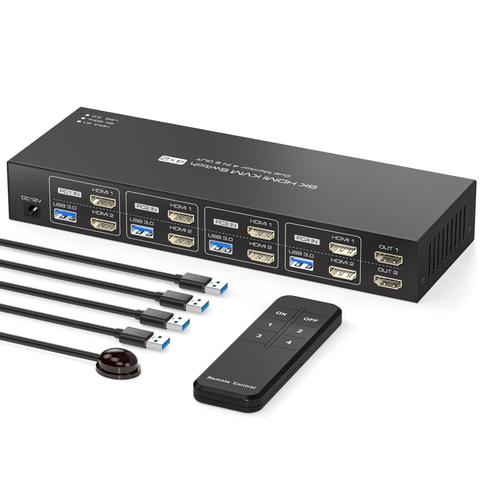 Commutateur HDMI KVM 4-Port 4K120HZ 8K60HZ USB 3.0 2 Moniteurs 4 ordinateurs