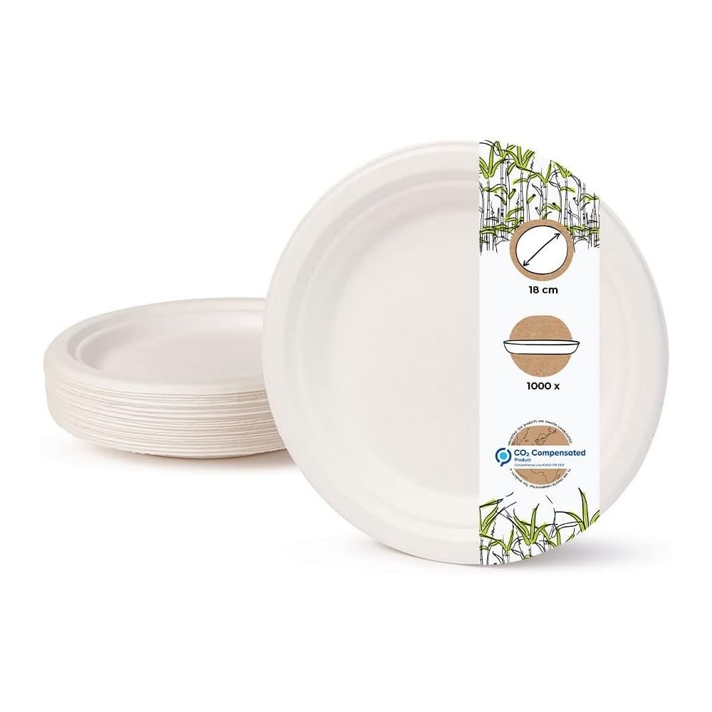 Bio plats de canne à sucre 18 cm 1000 pcs. Assiettes éco ronde