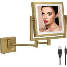 Wall mirror with backlight and swivel magnification with USB Brass