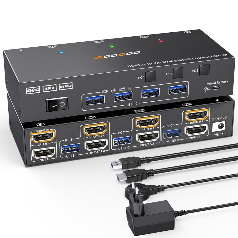 HDMI Switch KVM 3 Computer 2 Monitore 4k60Hz mit Fernbedienung und USB 3.0