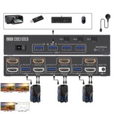 Cambio HDMI KVM 3 Computadoras 2 Monitores 4K60Hz con control remoto y USB 3.0