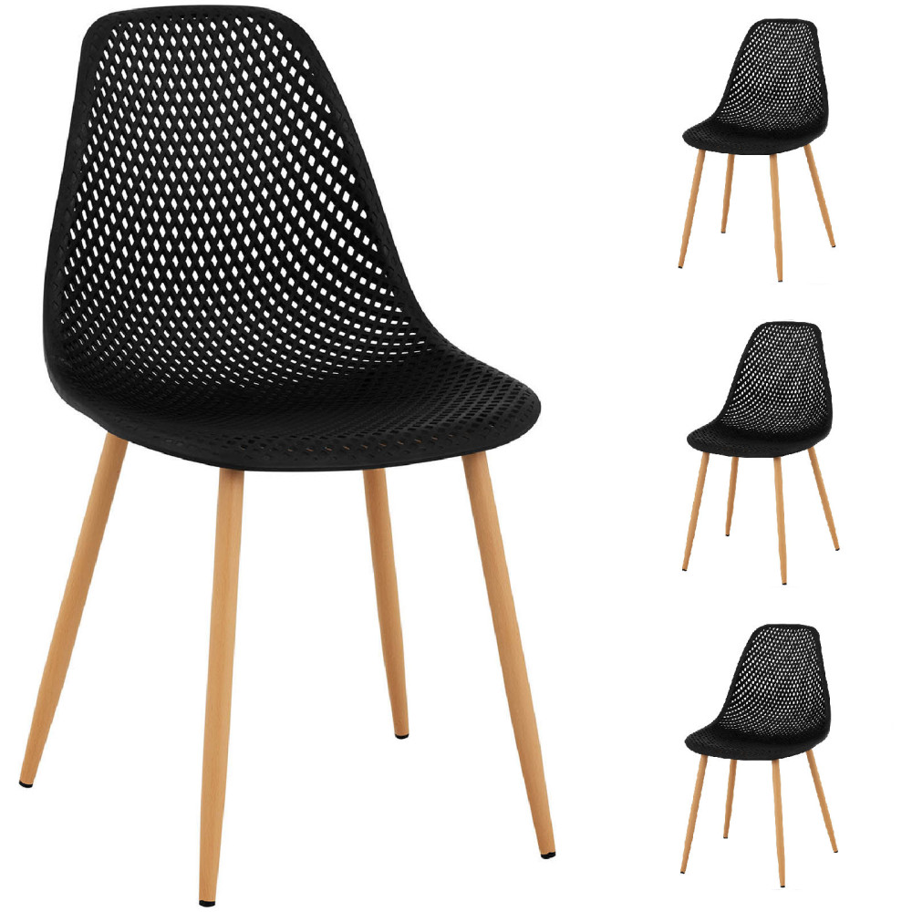 Chaise scandinave en plastique ajouré avec des pieds en acier, capacité de 150 kg, 4 pièces, noires.