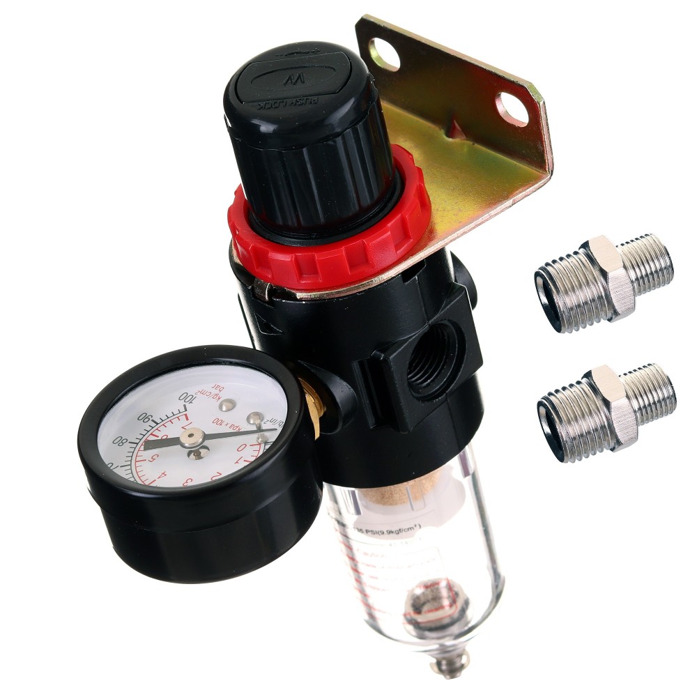 Dwerator-suodatin REDUKTOR 1/8 "sumutuskompressoriin, jossa on manometri