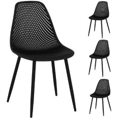 Chaise scandinave en plastique ajouré avec des pieds en acier, capacité de 150 kg, 4 pièces, noires.