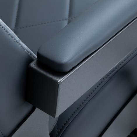 Gabbiano barber chair Bruno steel blue with grey base — close-up of the armrest