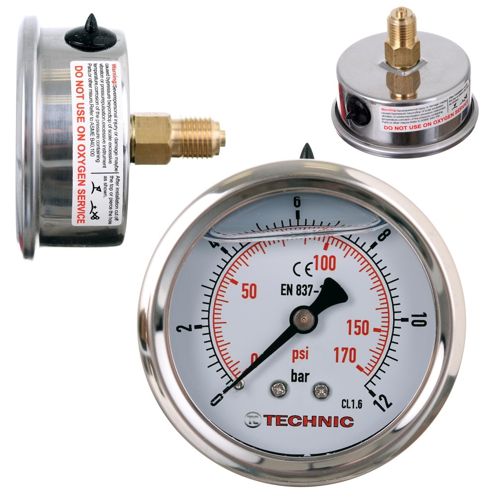 Glikeerīna spiediena spiediena mērītāja pulkstenis 63mm 0-12 bar diegu 1/4 "Aizmugurējais