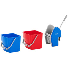 Chariot de nettoyage de sol avec essoreuse pour mop plat, deux seaux de 2 x 20 l.