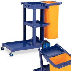 Service trolley with shelves with mop and bag for laundry