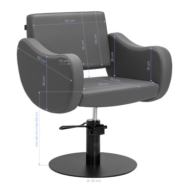 Fauteuil de coiffure Gabbiano Sewilla Gris avec base noire — vue de face