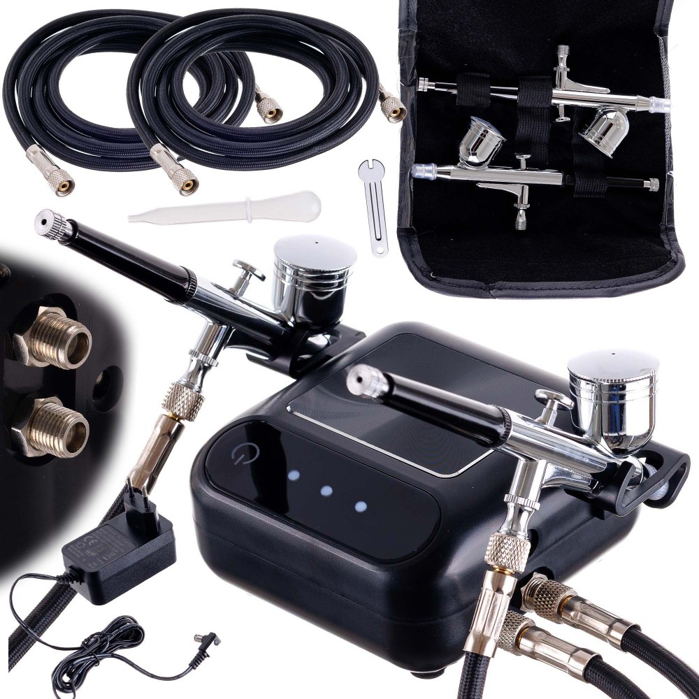 Compressor para dois Aerógrafos 2x Aerógrafo 0,3 Mangueira 170cm Auto Ajuste Auto