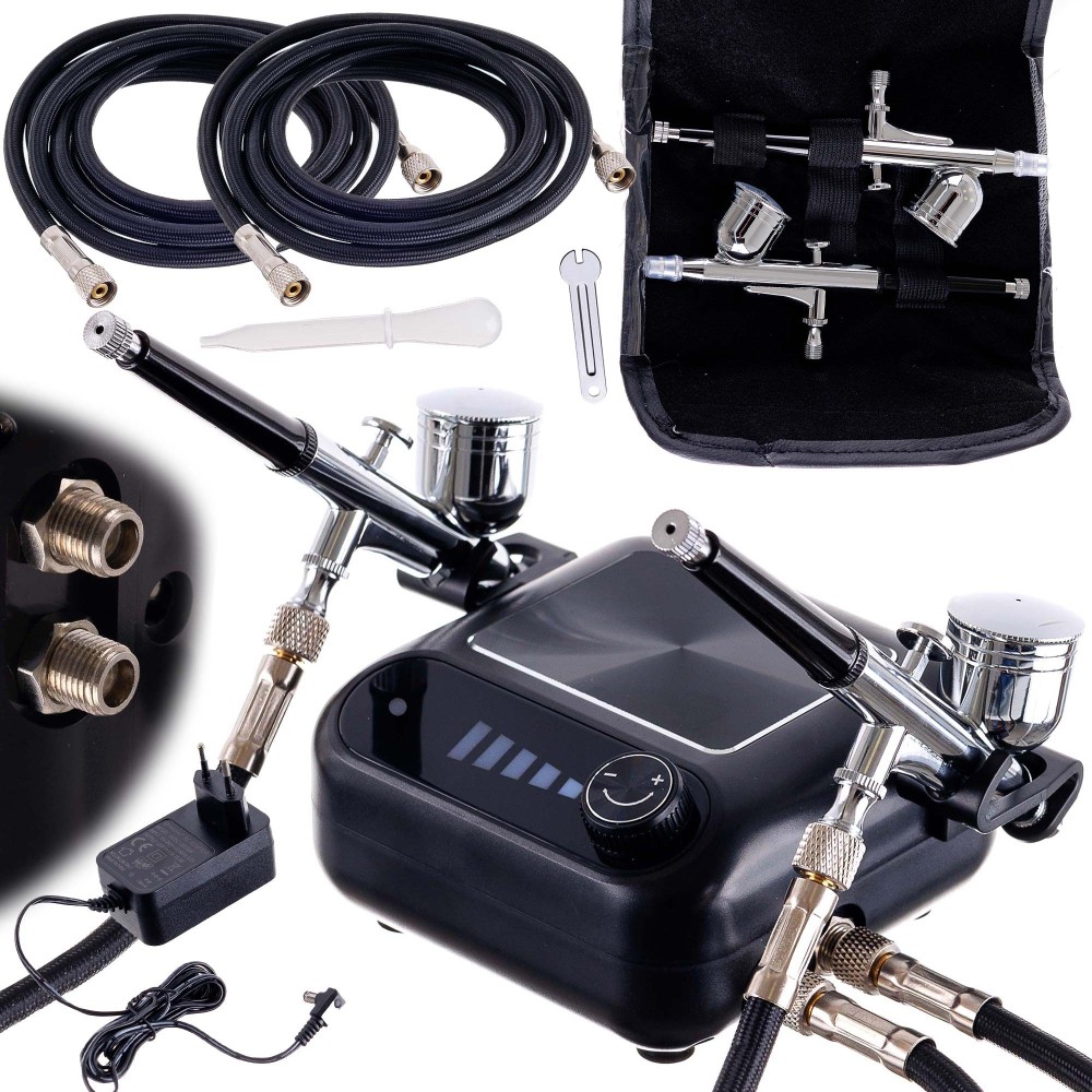 Quiet compressor for two aerographs 2x aerograph 0,3 hose 170cm adjustment