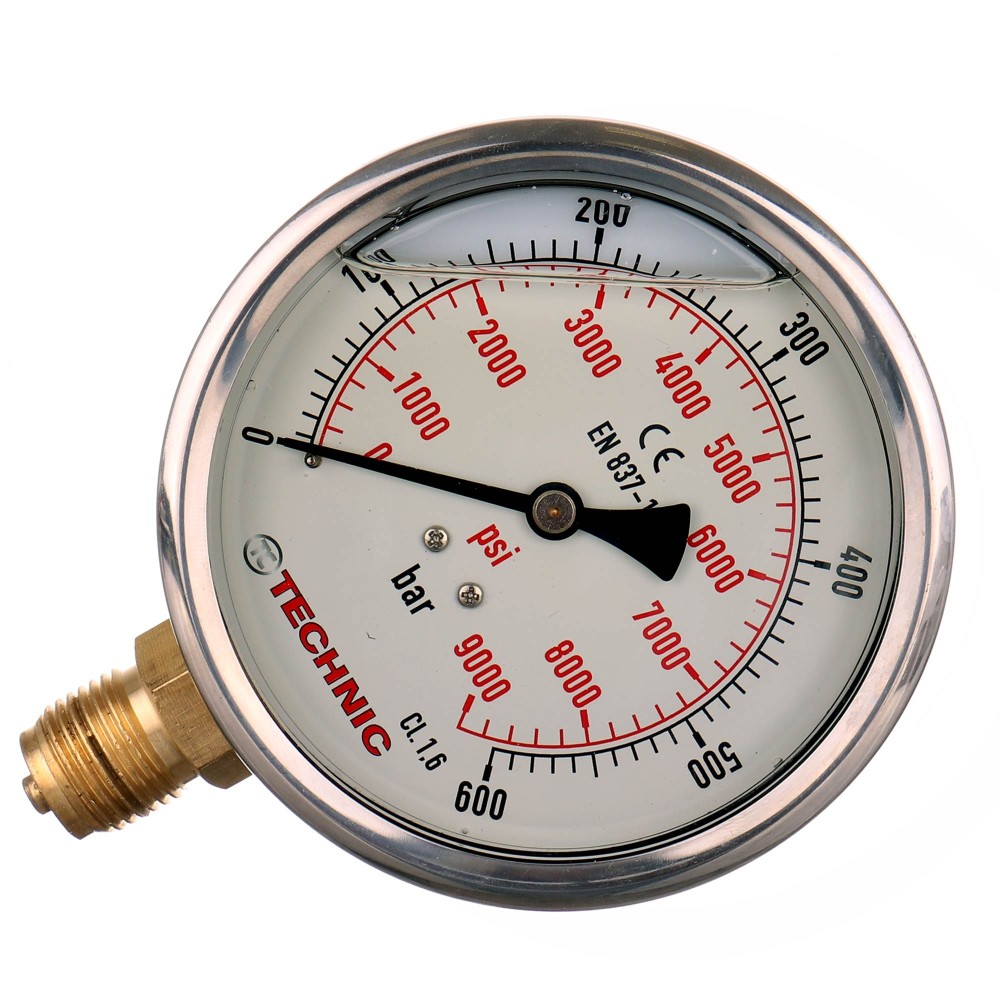 Gliceryn manometer. YT100GL-1/2 "0-600 bar 100 mm bodemdraad