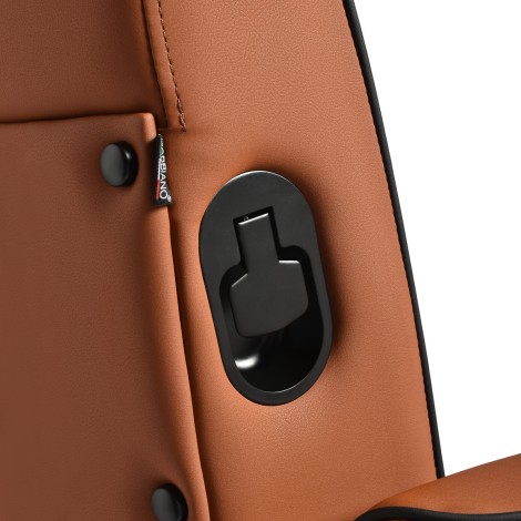 Gabbiano Levi kappersstoel met zwart frame bruin zonder stiksels op de rugleuning — detail bedieningselementen