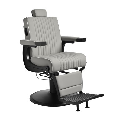Sedia da barbiere Gabbiano Levi con struttura nera e rivestimento grigio senza cuciture posteriori — vista frontale