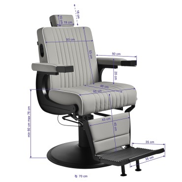 Sillón de barbero Gabbiano Levi con estructura negra y tapizado gris sin costuras en la parte trasera — vista frontal