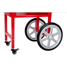 Machine à popcorn mobile avec chariot à roulettes.