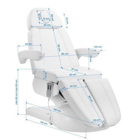 Azzurro Lux električni kozmetični stol za pedikuro s 3 motorji, bel