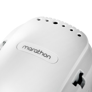 Trapano per unghie Saeyang Marathon 3 Champion NEW bianco con manipolo H200 — primo piano dell'etichetta