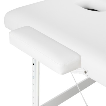 BALANCE aluminium folding massage table 3 segment white — close-up of the armrest