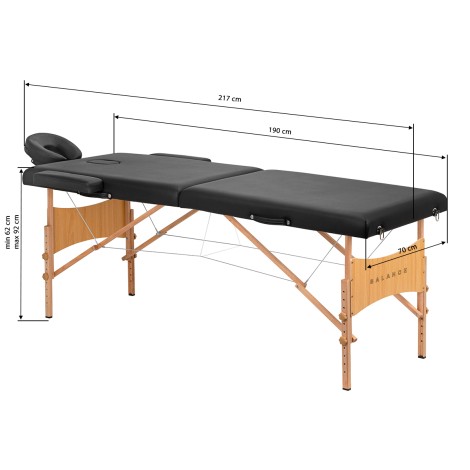 BALANCE vikbar massagelångbord i trä 2 segment 190x70 svart — sidosida