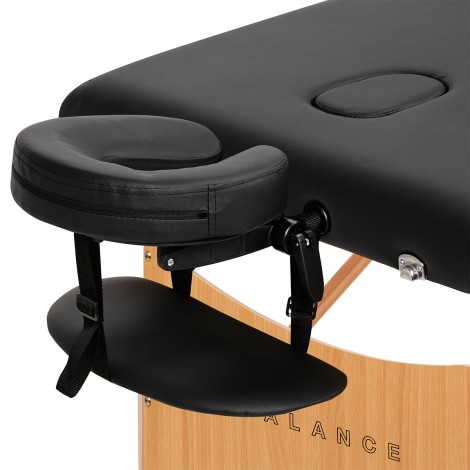 Table de massage pliante en bois BALANCE 3 segments 190x70 noire — gros plan accoudoir