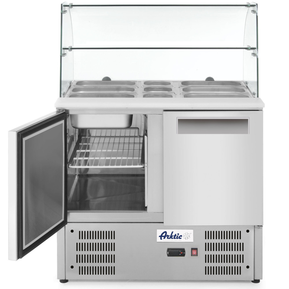 Mesa de refrigerante ensalada de 2 puertas con tapa de vidrio en 2x GN1 / 1 3X GN 1/6 247 L - Hendi 236185 Mesa de refrigerante ensalada de 2 puertas con tapa de vidrio en 2x GN1 / 1 3X GN 1/6 247 L - Hendi 236185