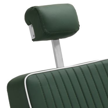 Poltrona da barbiere Gabbiano Visionerio verde con telaio cromato — primo piano della testa