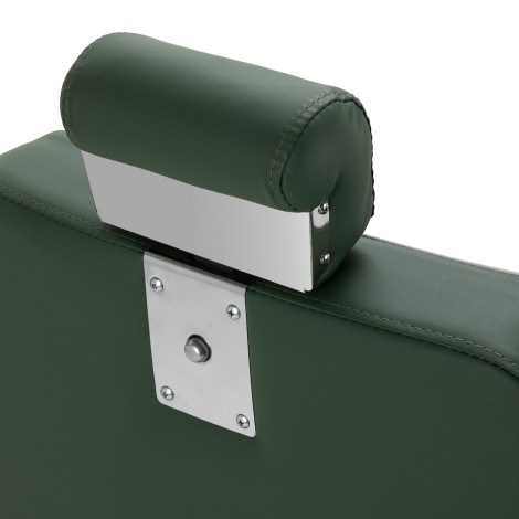 Cadeira de barbeiro Gabbiano Visionerio verde com estrutura cromada — close-up da cabeça
