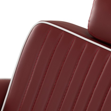 Fauteuil de barbier Gabbiano Visionerio rouge avec cadre chromé — gros plan dossier