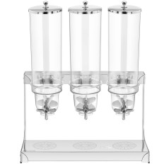 Distributeur transparent triple de 10,5 l pour flocons de riz et bonbons.